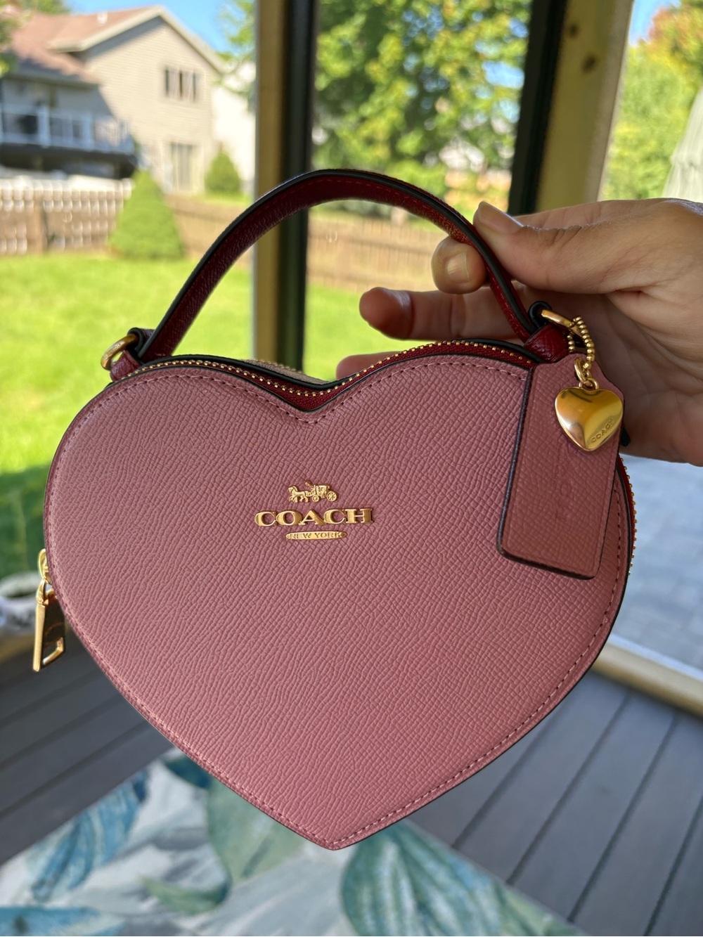 Coach Rose Pink Heart Top-Handle Mini Bag with Gold Hardware